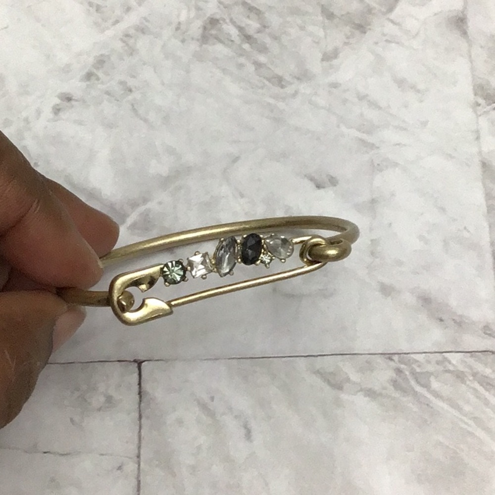 Safety Pin Crystal Bezelled Bracelet, Antique Gold Tone Bangle